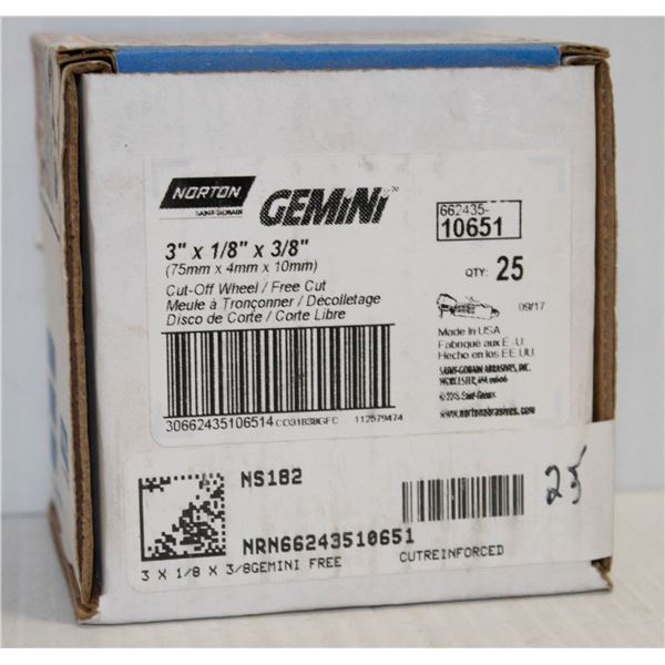 BOX OF 25 GEMINI CUT OFF WHEELS 3" X 1/8" X 3/8"