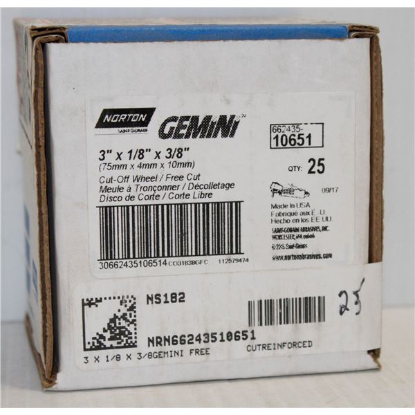 BOX OF 25 GEMINI CUT OFF WHEELS 3" X 1/8" X 3/8"