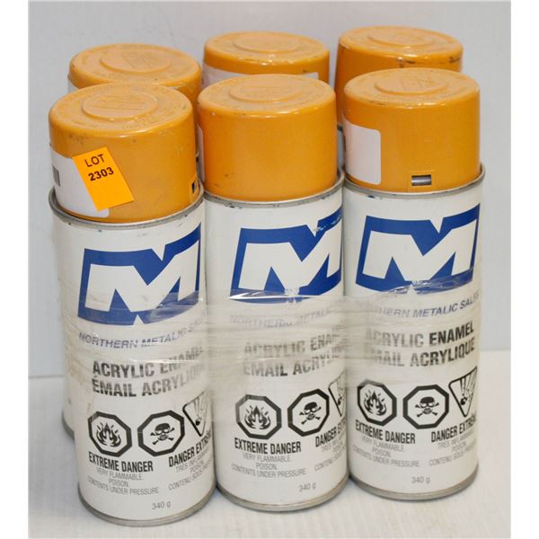 6 CANS OF NORTHERN METALLIC ACRYLLIC ENAMEL SPARY PAINT YELLOW