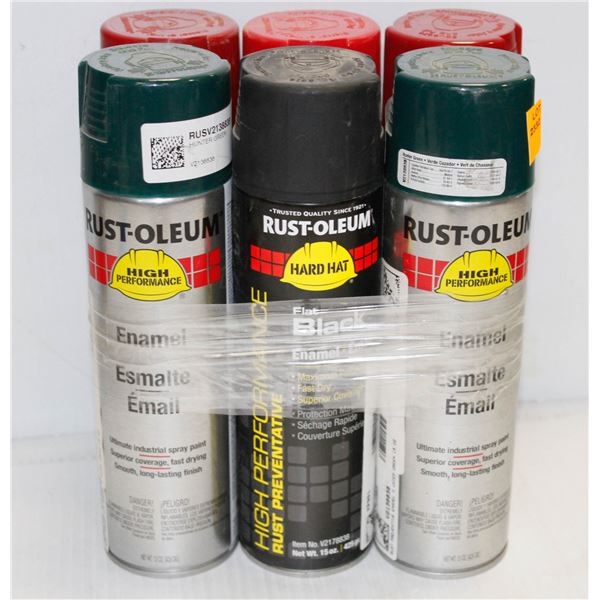 6 CANS OF RUSTOLEUM ENAMEL SPRAY PAINT ASSORTED COLOURS