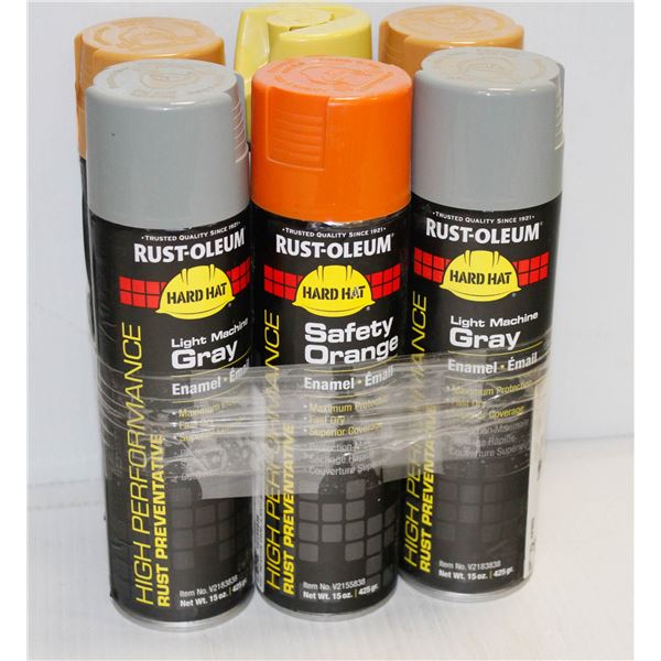 6 CANS OF RUSTOLEUM ENAMEL SPRAY PAINT ASSORTED COLOURS