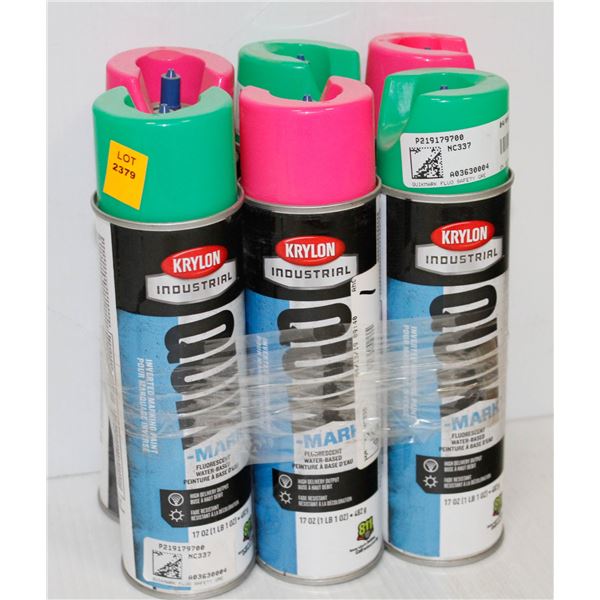6 CANS KRYLON INDUSTRIAL INVERTED MARKING PAINT GREEN AND PINK
