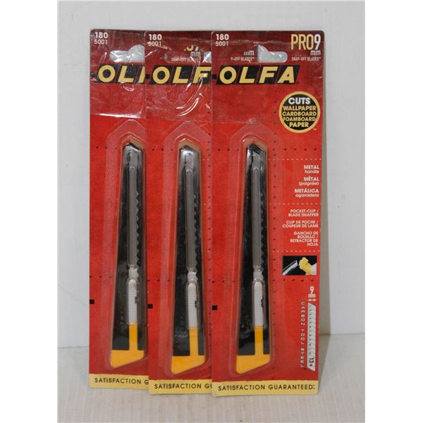 LOT OF 3 OLFA PRO 9MM SNAP OFF BLADE UTILITY KNIVES