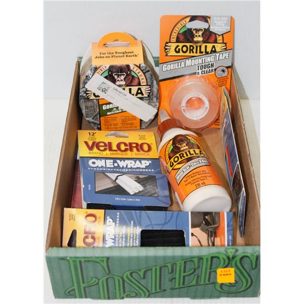 FLAT OF GORILLA TAPE, GLUE, VELCRO WRAPS AND MORE