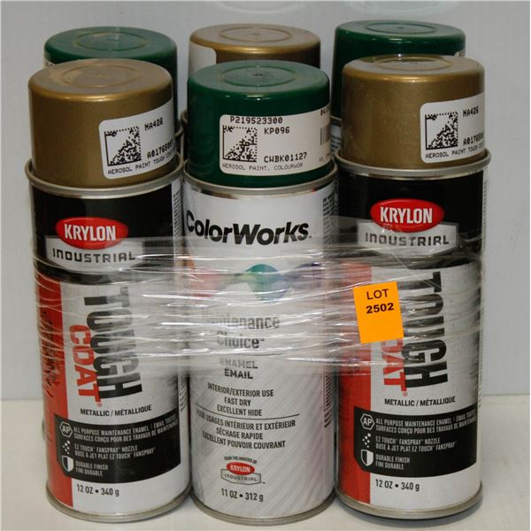 6 CANS KRYLON INDUSTRIAL ASSORTED SPRAY PAINT GREEN AND GOLD