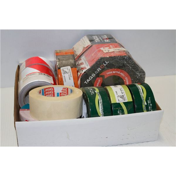 FLAT OF ASSORTED SIZE & TYPE TAPE ROLLS, WITH DANGER TAPE
