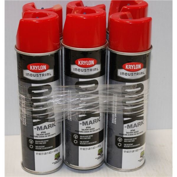 6 CANS KRYLON INDUSTRIAL INVERTED MARKING PAINT RED