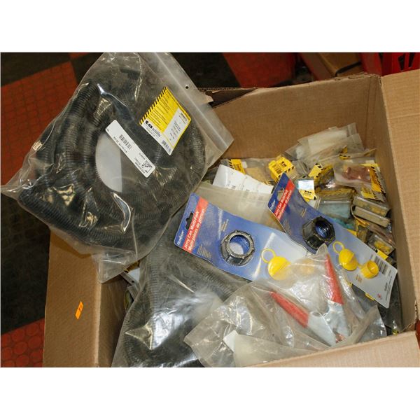 LARGE BOX OF ASSORTED HOSES, FITTINGS, FUSES AND MUCH MORE. MUST TAKE ALL NO RECONSIGNMENTS