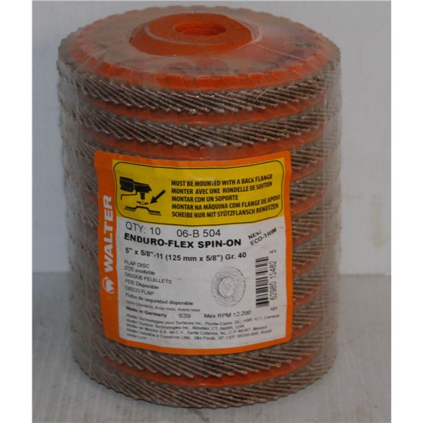 STACK OF 10 WALTER ENDURO-FLEX SPIN ON FLAP DISCS 5" X 5/8" X 11 GRIT 40