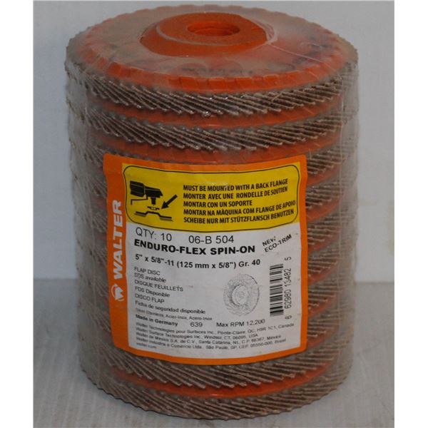 STACK OF 10 WALTER ENDURO-FLEX SPIN ON FLAP DISCS 5" X 5/8" X 11 GRIT 40