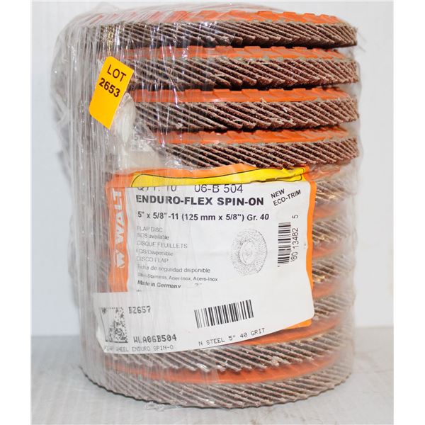 LOT OF 10 ENDUROFLEX SPIN ON FLAP DISCS 5" X 5/8" -11, GR40