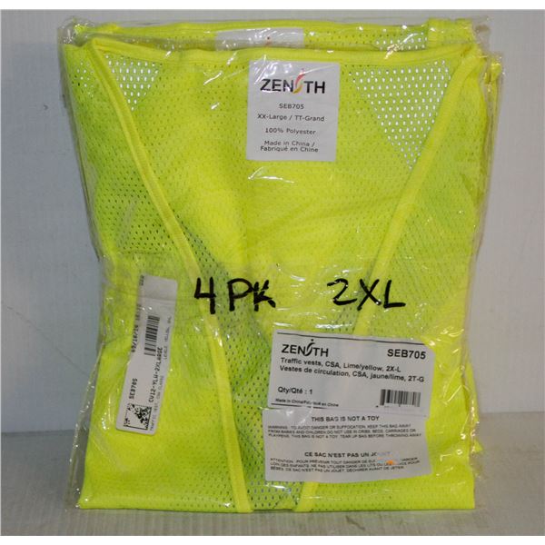 4 PACK ZENITH YELLOW SAFETY VEST - SIZE 2XL