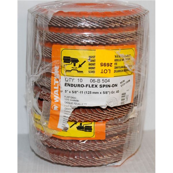 LOT OF 10 WALTER ENDUROFLEX SPIN ON FLAP WHEELS 5" 5/8" - 11, GRADE 40