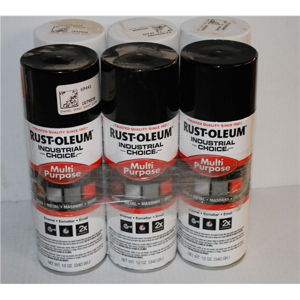 6 CANS RUSTOLEUM INDUSTRIAL MULTIPURPOSE ENAMEL WHITE & BLACK
