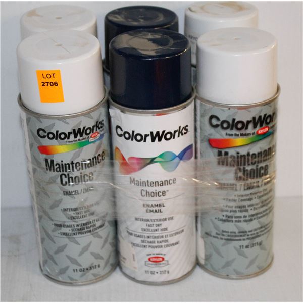 6 CANS COLOR WORK ENAMEL SPRAY PAINT WHITE & NAVY