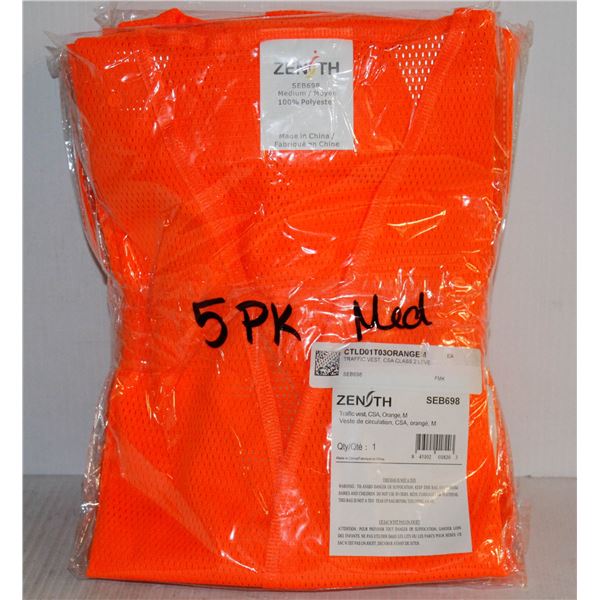 5 PACK ZENITH ORANGE SAFETY VESTS SIZE MEDIUM