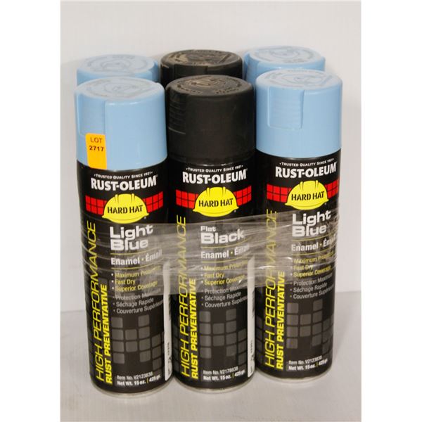 6 CANS RUSTOLEUM RUST PREVENTATIVE ENAMEL LIGHT BLUE & BLACK