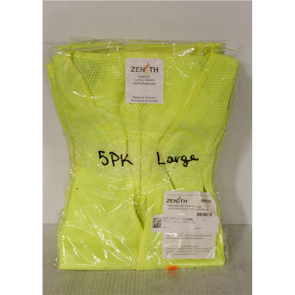 5 PACK OF NEW ZENITH YELLOW SAFETY VESTS SIZE LRG