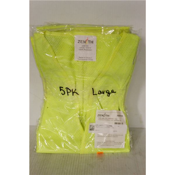 5 PACK OF NEW ZENITH YELLOW SAFETY VESTS SIZE LRG