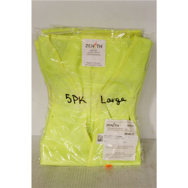 5 PACK OF NEW ZENITH YELLOW SAFETY VESTS SIZE LRG