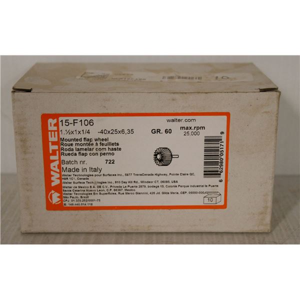 CASE OF 10 WALTER MOUNTED FLAP WHEELS 1-1/2" X 1" X 1/4" GRADE 60