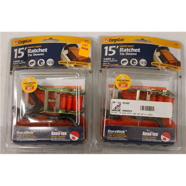 PAIR OF CARGOLOC 15FT HEAVY DUTY RATCHET TIE DOWNS
