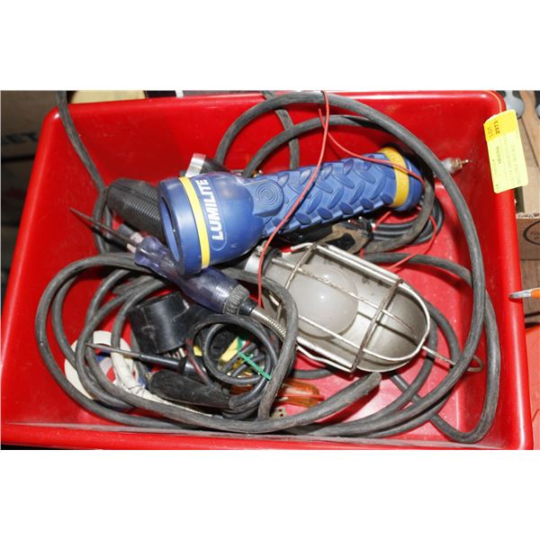 FLAT OF ASSORTED TOOLS: INCLUDES TROUBLE LIGHT, TESTER AND MORE