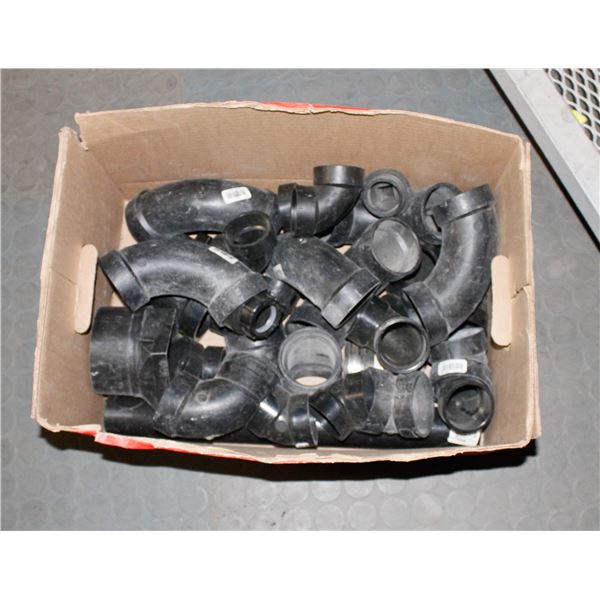 BOX OF ASSORTED PVC PLUMBING ELBOWS & MORE