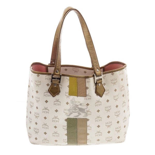 MCM White Visetos Coated Canvas Lion Shopper Tote