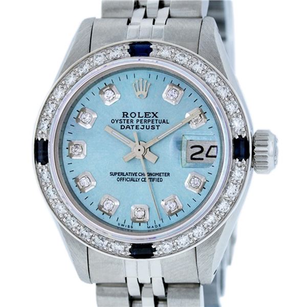 Rolex Ladies Stainless Steel Sky Blue Diamond & Sapphire Datejust Wristwatch