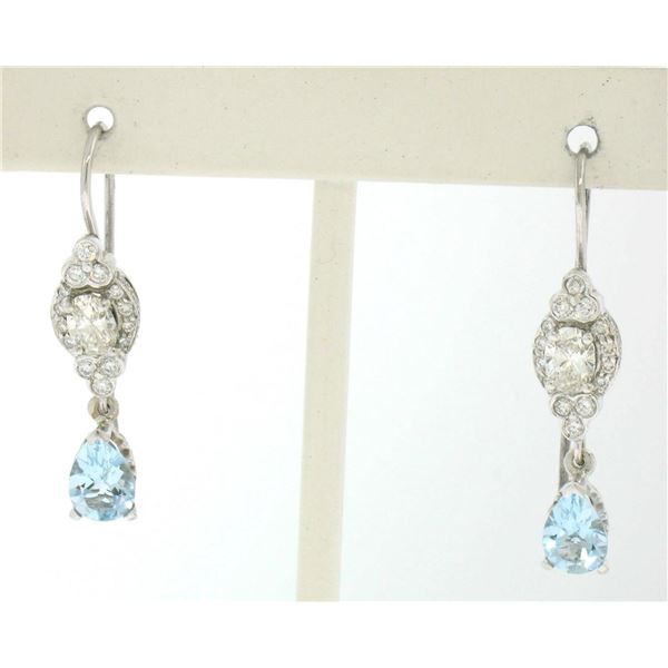 18K Solid White Gold Dangle Drop Earrings w/ an Oval Diamond & Pear Aquamarine