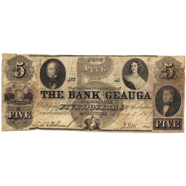 1854 $5 The Bank of Geuga, Painesville, OH Obsolete Bank Note