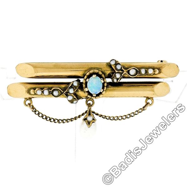 Victorian 14kt Gold Opal, Seed Pearl, & Natural Pearl Dangle Dual Bar Brooch