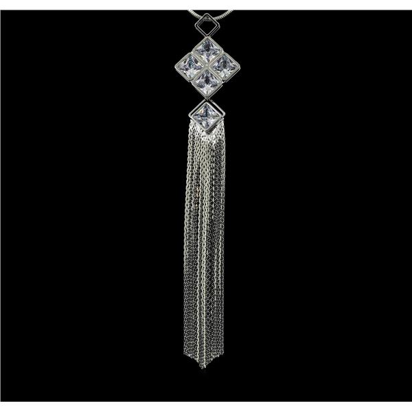 Crystal Square Pendant Tassel Necklace - Rhodium Plated