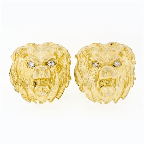 Vintage 14k Yellow Gold Large Detailed Diamond Eye Lion Head Swivel Cufflinks