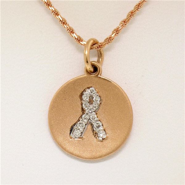 14K Rose Gold 0.10 ctw Diamond Awareness Ribbon Disc Pendant w/ 16" Rope Chain