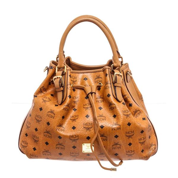 MCM Cognac Visetos Canvas Large Shopper Tote Bag