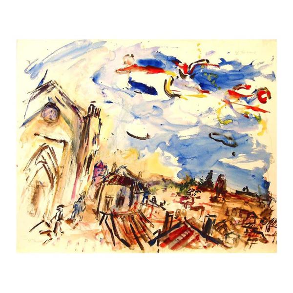 Wayne Ensrud "Blue Skies Over St Emilion" Watercolor Original Artwork; Hand Sign