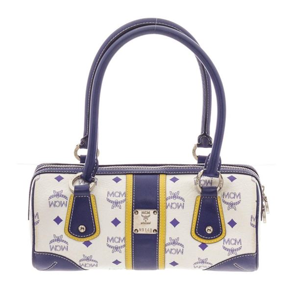 MCM Navy  White Visetos Coated Canvas and Leather Tote Bag