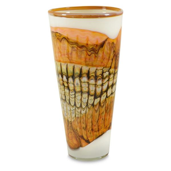 "White Opal with Tangerine Cone" Hand Blown Glass Sculpture, Hand Signed by Gart