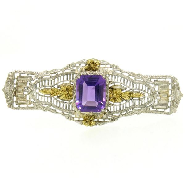 14k White & Green Gold 3.00 ctw Emerald Cut Amethyst Filigree Brooch Pin