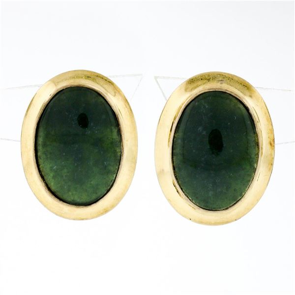Vintage 14K Yellow Gold Oval Cabochon Cut Bezel Set Jade Classic Button Earrings