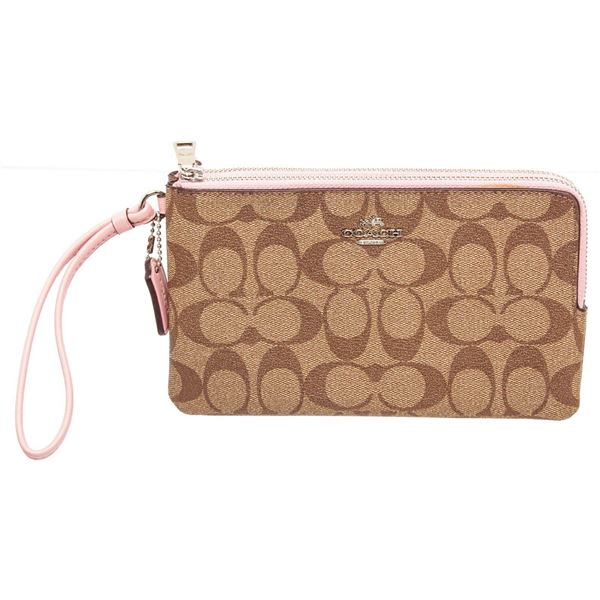 Coach Beige Logo Canvas Double Zip Wristlet