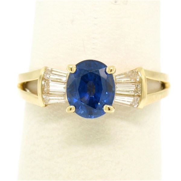 14k Yellow Gold ROYAL BLUE Sapphire Solitaire Ring Fine Baguette Diamond Accents