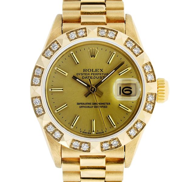 Rolex Ladies 18K Yellow Diamond And Champagne Index President Wristwatch