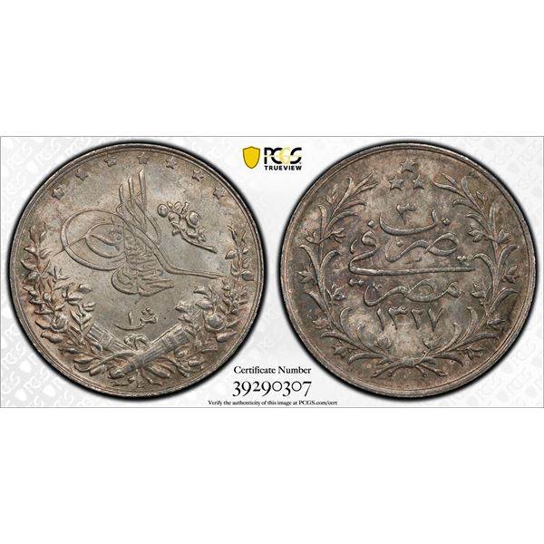 OTTOMAN: EGYPT: Mehmet V, 1909-1918, AR qirsh, Misr, AH1327 year 3. PCGS MS64