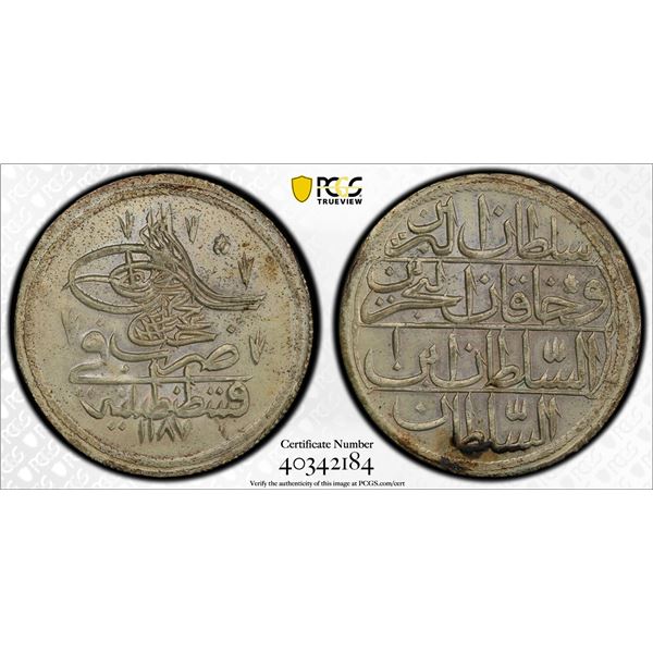 OTTOMAN: TURKEY: Abdul Hamid I, 1774-1789, AR kurush, Kostantiniye, AH1187 year 1. PCGS MS63