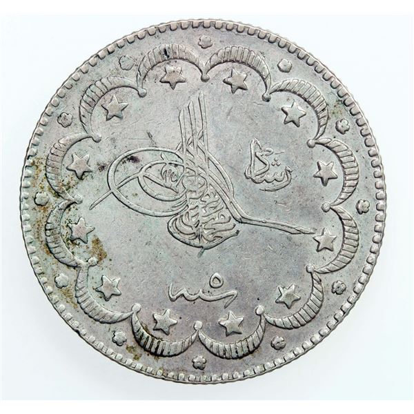 OTTOMAN: TURKEY: Muhammad V, 1909-1918, AR 10 kurush, AH1327 year 5. EF