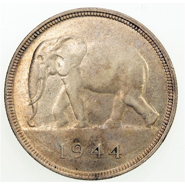 BELGIAN CONGO: Leopold III, 1934-1950, AR 50 francs, 1944. AU