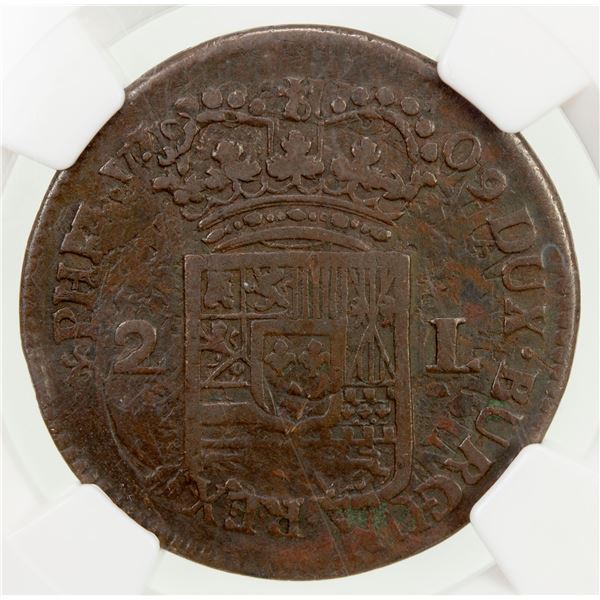 BELGIUM: NAMUR: Felipe V, 1700-1711, AE 2 liards, 1709. NGC VF25